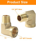 Two brass 1/4 NPT elbow fittings, 90-degree, male to female, forged plumbing connectors front and side views