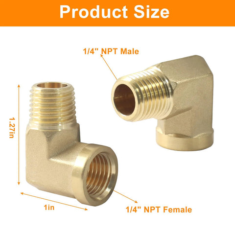 Two brass 1/4 NPT elbow fittings, 90-degree, male to female, forged plumbing connectors front and side views