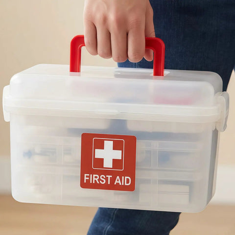 Person holding a clear first aid kit with a red handle and white cross on a red background sticker. High Visibility First Aid Sticker included inside.