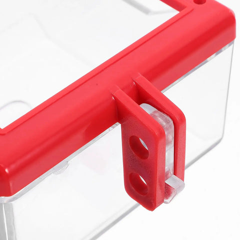 Close-up of Emergency Stop Switch Cover Transparent Push Button Protector for Quick Power Cutoff featuring red latch and clear shield.
