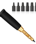 Adjustable Heavy Duty Leather Hole Punch Set With Sturdy Wooden Handle And Six Precision Brass Tips for crafting, featuring a black handle.