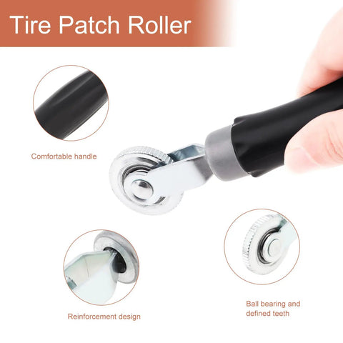 Tire Patch Kit With Patch Roller And Buffing Wheels 42mm And 55mm Six Piece Set showing patch roller with comfortable handle