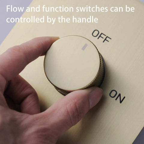 Five Function Shower Mixing Valve In Brushed Gold With Digital Temperature Display, Pressure Balanced Anti-Scald Valve For Safe, Drama-Free Family Showers, Easy Install, Modern Bath Upgrade handle close-up with OFF and ON markings