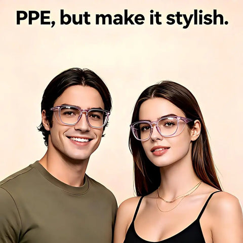 Slick Anti Fog Safety Goggles With Clear Polycarbonate Lenses And Blue Light Blocking Coating That Shields Your Vision From Digital Strain Without The Hassle For Men And Women In Sleek Transparent Purple on two models, showcasing stylish protection.