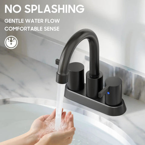 Matte Black 4 Inch Centerset Two Handle Bathroom Faucet With 360 Degree Swivel Spout For Two Or Three Hole Vanities No Fuss Lead Free Modern RV Ready Vanity Sink Faucet With Pop Up Drain And Water Supply Lines with hands catching gentle water flow