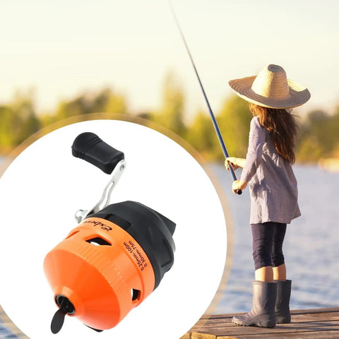 Spincast Fishing Reel For Beginners With Right Hand Retrieve Easy Push Button Casting Pre Wound Nylon Line Durable Orange Design