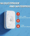 Wireless Doorbell System For Home With Battery Operated Receiver, IP44 dustproof and waterproof button