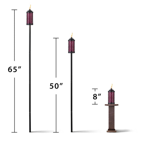 Three sizes of the 65 Inch Glass Honeycomb Burgundy Outdoor Torch For Patio And Backyard Decor Convertible Lamp With Weather Resistant Design Long Lasting Wick Snuffer And Pole Kit Included