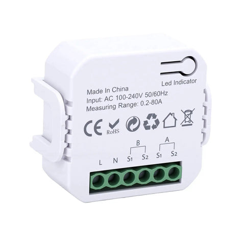 Smart Home Energy Monitor With Real Time Circuit Tracking For Heavy Loads And Ev Chargers To Catch Power Hungry Appliances Dash Dryers and compact white sensor with LED indicator.
