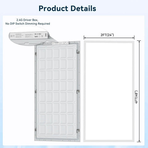 1 Pack 2x4 LED Flat Panel Light 70W 7700LM Recessed Ceiling Fixture With CCT 3000K To 6500K, showing driver box and dimensions.