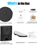 Self Emptying Robot Vacuum And Mop With 8000 Pa Suction LiDAR Mapping 75 Day Hands Free Capacity No Go Zones 150 Minute Run Time App And Voice Control For Pet Hair On Hard Floors And Carpets E10 Plus box contents