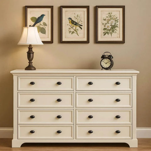 Installed Oval Matte Black Cabinet Knobs 10 Pack For Kitchen And Furniture By EAXINTA on a cream dresser in a vintage-style room.