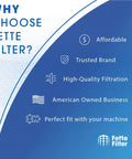 Image highlighting reasons to choose Fette Filter: affordable, trusted brand, high-quality filtration, American owned business.