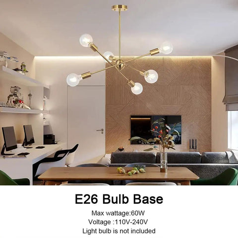 Modern Sputnik Chandelier With 6 Lights In Brushed Brass in dining room, adjustable arms, mid century pendant lighting fixture