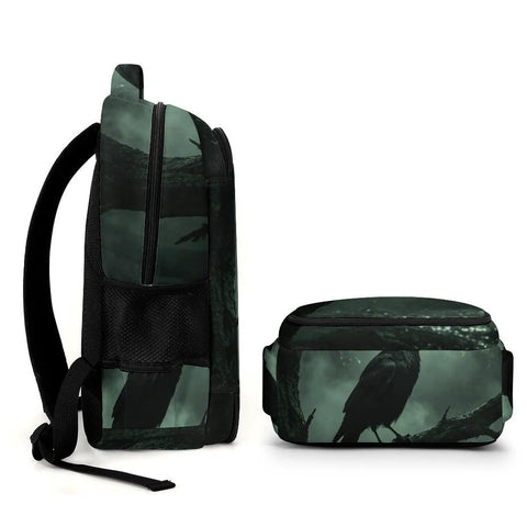 Side view of Dope Red Eye Crow Mist Woods Printed Backpack Unisex Large Capacity Daypack with crow graphic and zippered pockets