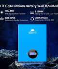 Wall-mounted LiFePO4 battery with blue casing, features 100A BMS, 5.12kWh capacity, and over 7000 cycles in 6500W Off Grid Solar Power Kit