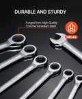 Heavy Duty 30 Piece Ratcheting Wrench Set With 72 Tooth Fast Grip Teeth, showing chrome vanadium steel wrenches in a row.