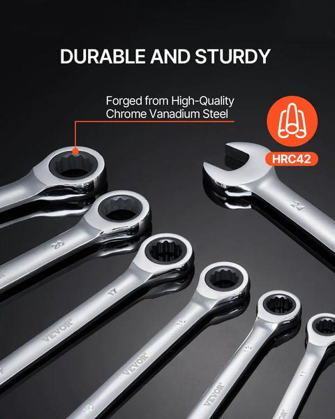 Heavy Duty 30 Piece Ratcheting Wrench Set With 72 Tooth Fast Grip Teeth, showing chrome vanadium steel wrenches in a row.