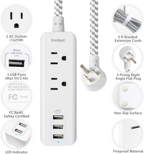 Go-To USB Charging Station With 2 Outlets And 3 USB Ports 3.1A 15W Desktop Power Hub With 5 Ft Braided Extension Cord Flat Plug