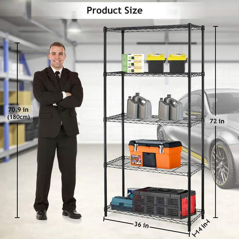 Rock Solid Five Tier Heavy Duty Wire Shelving Unit With Adjustable Metal Storage Shelves For Garage Closet Pantry, Black Corrosion Resistant Rack Holds Two Hundred Fifty Pounds Per Shelf Built To Last