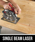 Side view of SKIL 15-Amp 7-1/4 in circular saw with single-beam laser guide cutting wood