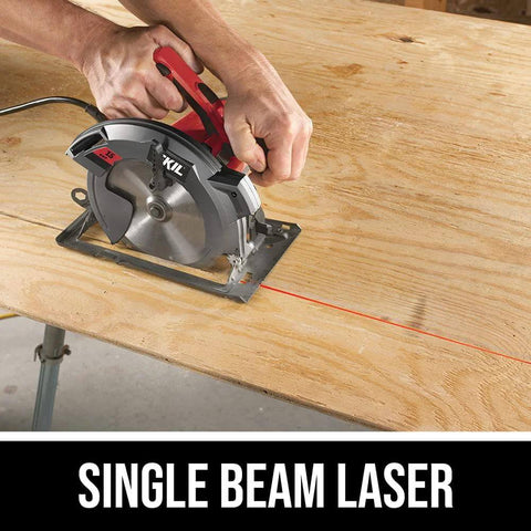 Side view of SKIL 15-Amp 7-1/4 in circular saw with single-beam laser guide cutting wood