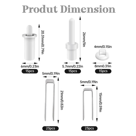 Product dimensions of 85 Pcs Plantation Shutter Repair Kit with various spring loaded pins and louver staples in inches and millimeters.