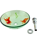 Round Glass Vessel Sink 16.5 Inch Durable Tempered Glass Bathroom Basin With Chrome Drain Koi Fish Design on countertop