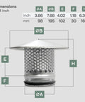 Diagram of 4 inch round chimney cap with galvanized steel build, rubber seal, metal mesh guard, for outdoor use.