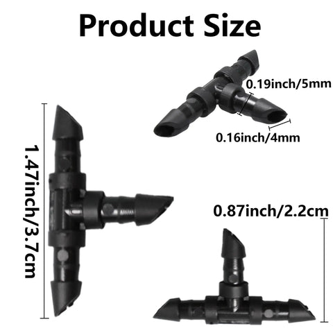 60 Pack 1/4 Inch Barbed Tee Fittings For Drip Irrigation Systems End Plug Connectors product size dimensions