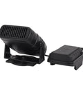 Black cordless desk space heater with USB charging, shown with vented front and battery compartment, two heat settings shown.