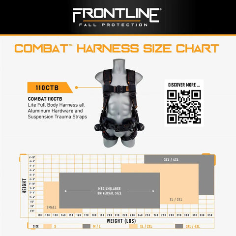 Lite Full Body Harness With Aluminum Hardware, OSHA And ANSI Compliant, Size M-L, displayed with size chart and QR code