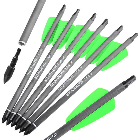 7.5 Inch Carbon Crossbow Bolts with 2 Inch Green Vanes and 100 Grain Removable Tips, Built For Outdoor Hunting And Target Practice, Durable Shaft