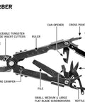 Needle Nose Pliers Bladeless 14 In 1 EDC Multi Tool with labeled features, black finish, stainless steel construction