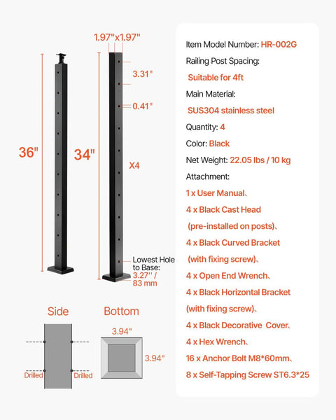 36-Inch Black Stainless Steel Cable Railing Post dimensions and specifications