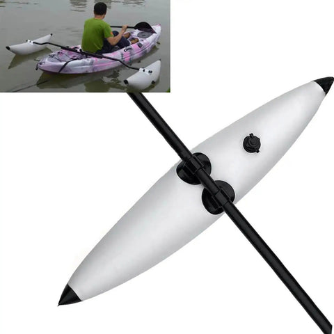 Inflatable Kayak Outrigger Stabilizer Accessory For Paddling Pros, PVC Construction, Secure Ferrule Lock, shown on a kayak in water