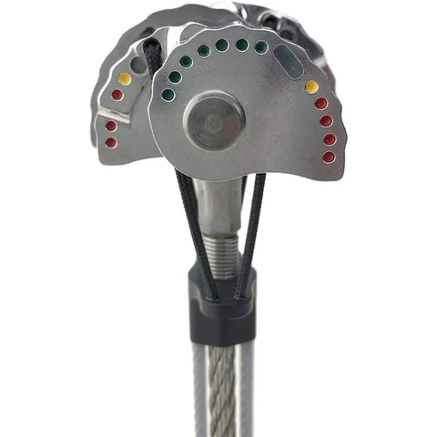 Ultralight Offset Master Cam For Climbing, 40 Percent Lighter Per Set Than Standard Cams, close-up of CNC machined lobes and colored triggers