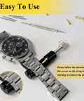 All In One Watch Link Repair Kit With Pin Remover And Double Ended Punch Includes Six Extra Pins Twenty Spring Bars Cleaning Cloth And Pro Grade Upgrade Tool For Fast Band Adjustments And Bracelet Repairs displayed with watch and tools