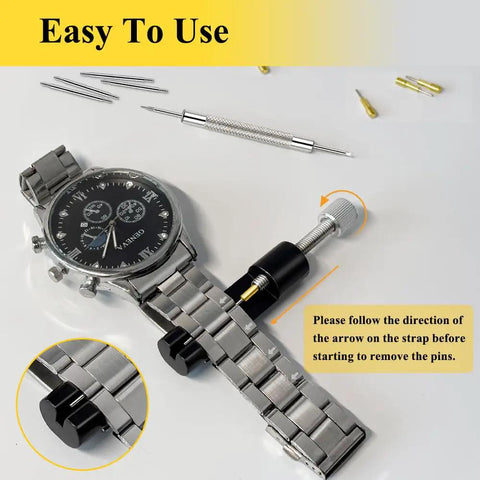 All In One Watch Link Repair Kit With Pin Remover And Double Ended Punch Includes Six Extra Pins Twenty Spring Bars Cleaning Cloth And Pro Grade Upgrade Tool For Fast Band Adjustments And Bracelet Repairs displayed with watch and tools