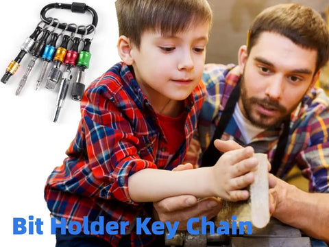 Father and son using Aluminum Alloy Quarter Inch Hex Shank Screwdriver Bits Holder Extension Bar Keychain in woodworking project.