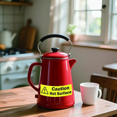 Large Hot Surface Warning Stickers Pack Ten Self Adhesive Vinyl Signs Keep Hands Off For Machinery Engines Exhaust Pipes And Kitchen Equipment Easy Peel Safety Labels To Warn People About Temperature Danger on red kettle