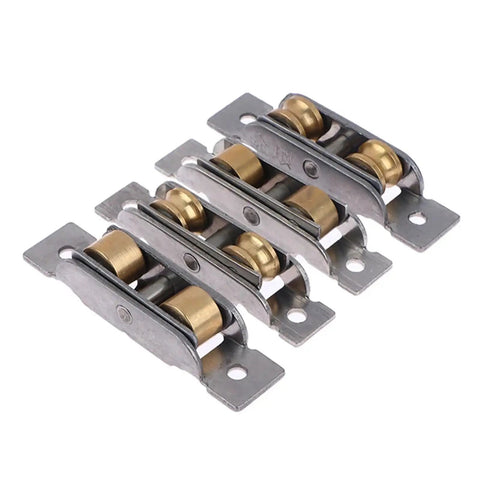 Top Shelf Stainless Steel Sliding Door And Window Double Wheel Pulley Rollers Heavy Duty Flat Groove Track Replacement Parts close-up showing metallic wheels.