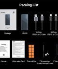 Packing list for Blazing 40Gbps M.2 NVMe SSD Enclosure With Active Cooling including cables, manual, and thermal pad.