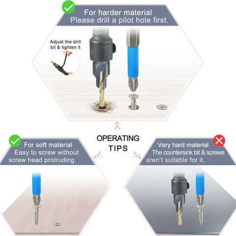 Operating tips for Pro Grade Heavy Duty Wood Screws visual guide on using adjustable countersink bit with 304 stainless fasteners.
