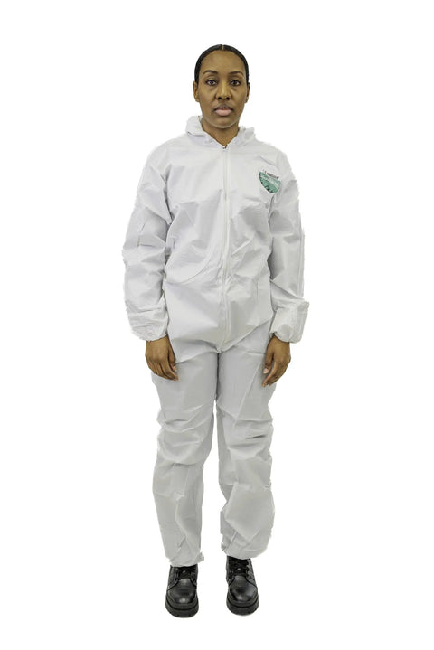 MicroMax Protective Disposable Coverall For Painting And Cleaning Jobs With Respirator Fit Hood White 4X Large worn by person, front view