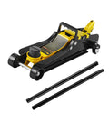 VEVOR 2.5 Ton low-profile steel floor jack with single piston lift pump, black and yellow, angled top view