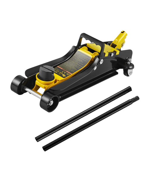 VEVOR 2.5 Ton low-profile steel floor jack with single piston lift pump, black and yellow, angled top view
