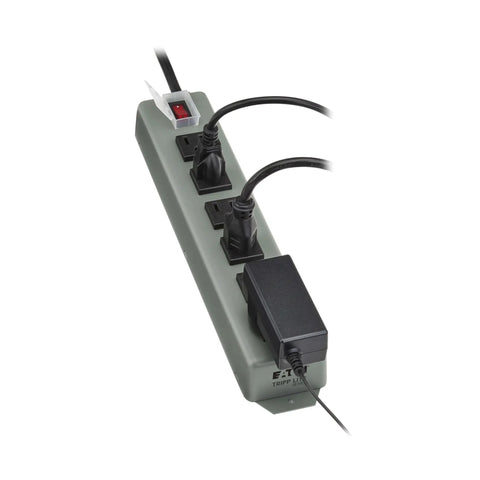 Beefy Heavy Duty 6 Outlet Power Strip with rugged metal housing, six-foot cord, visible outlets, and on/off switch cover.