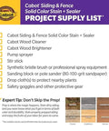 Cabot Siding & Fence project supply list showing essentials for applying Top Shelf Acrylic Siding Stain Solid Color Five Gallon Big Bulk Tub.