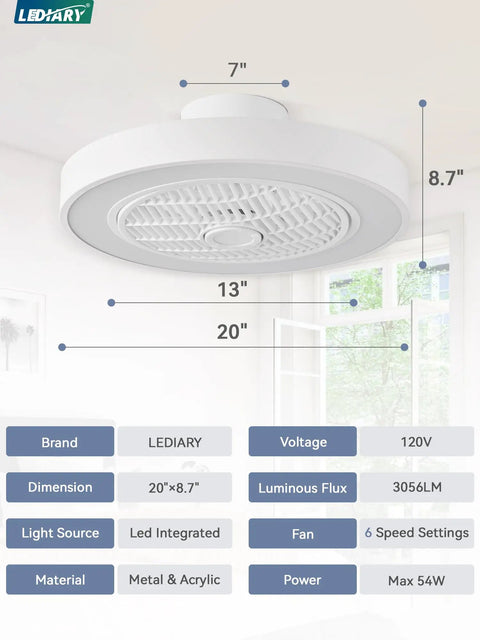 20 Inch Low Profile Bladeless Ceiling Fan With Dimmable LED Light And Adjustable Brightness in sleek white design on ceiling